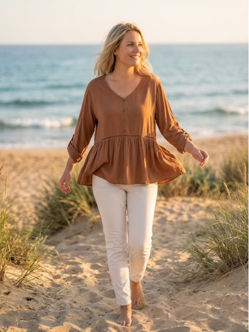 Haut Femme Marron Blouse Tunique Fluide - Made in Italy