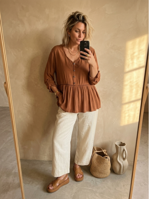 Haut Femme Marron Blouse Tunique Fluide - Made in Italy