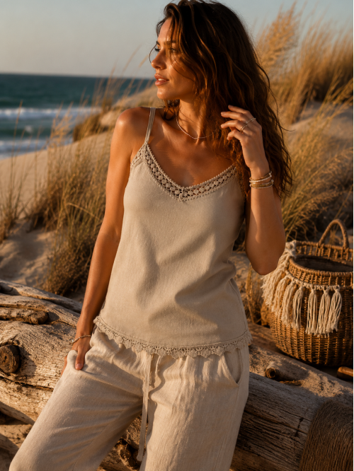 Débardeur Beige à Bretelles Réglables avec Liserés en Macramé - Jolie coupe et Matière Naturelle - Lin et coton