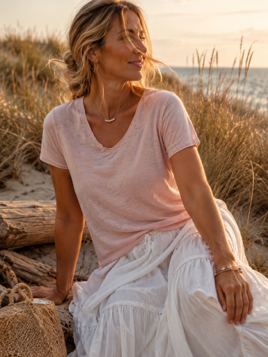 T shirt femme uni maille 100 % lin rose pale