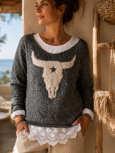 PULL BUFFLE COTON ET FAUSSE FOURRURE AVEC PERLES - GRIS ANTHRACITE