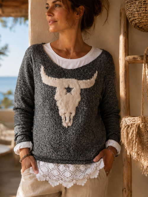 PULL BUFFLE COTON ET FAUSSE FOURRURE AVEC PERLES - GRIS ANTHRACITE