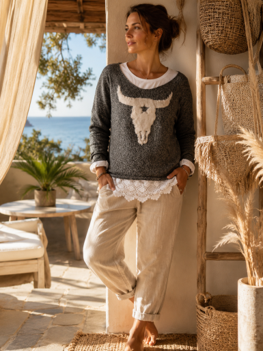 PULL BUFFLE COTON ET FAUSSE FOURRURE AVEC PERLES - GRIS ANTHRACITE