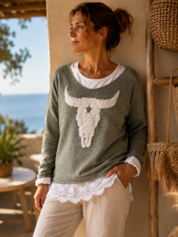 Pull BUFFLE coton et fausse fourrure avec perles - Kaki