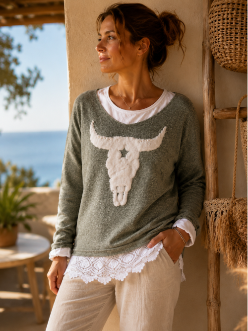 Pull BUFFLE coton et fausse fourrure avec perles - Kaki
