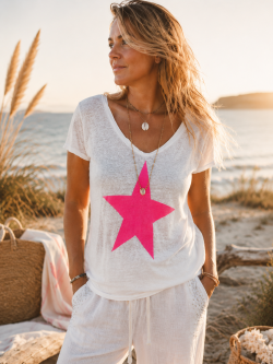 T SHIRT FEMME ÉTOILE FLUO 100 % LIN BLANC
