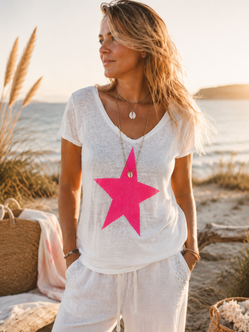 T SHIRT FEMME ÉTOILE FLUO 100 % LIN BLANC