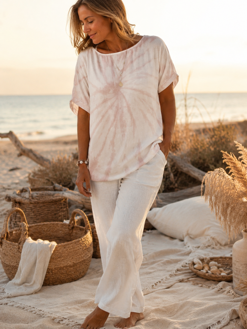 Top fluide pur coton TIE AND DYE - Rose poudré