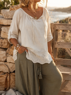 BLOUSE BEIGE EN COTON BRODERIES ANGLAISES
