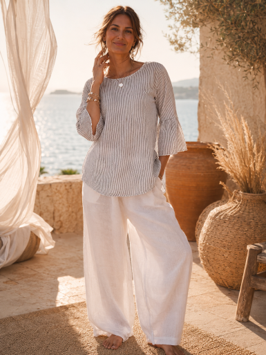 BLOUSE RAYÉE 100 % COTON VOLANTÉE - KAKI