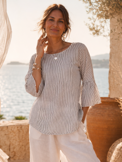 BLOUSE RAYÉE 100 % COTON VOLANTÉE - KAKI