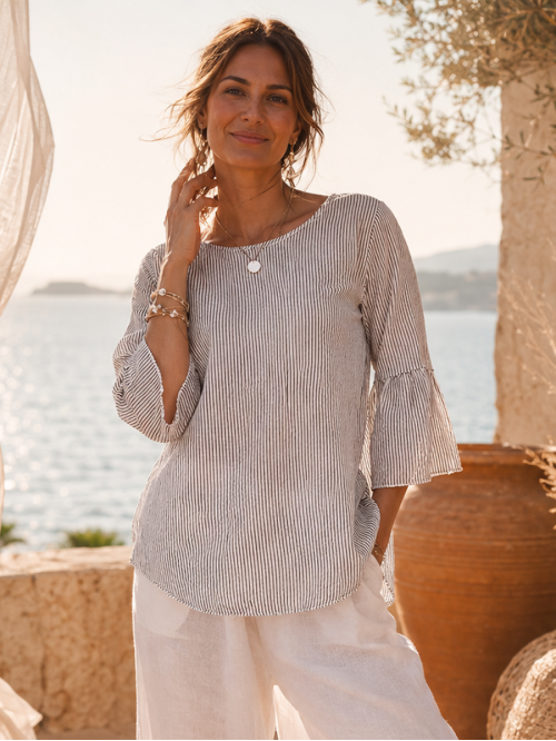 BLOUSE RAYÉE 100 % COTON VOLANTÉE - KAKI