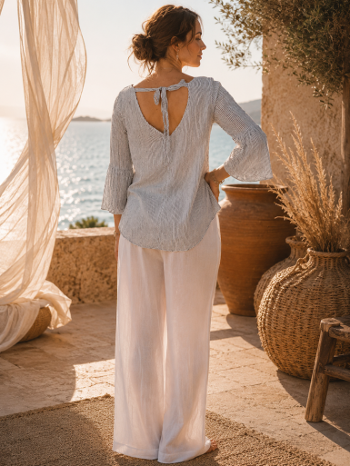 BLOUSE RAYÉE 100 % COTON VOLANTÉE - KAKI