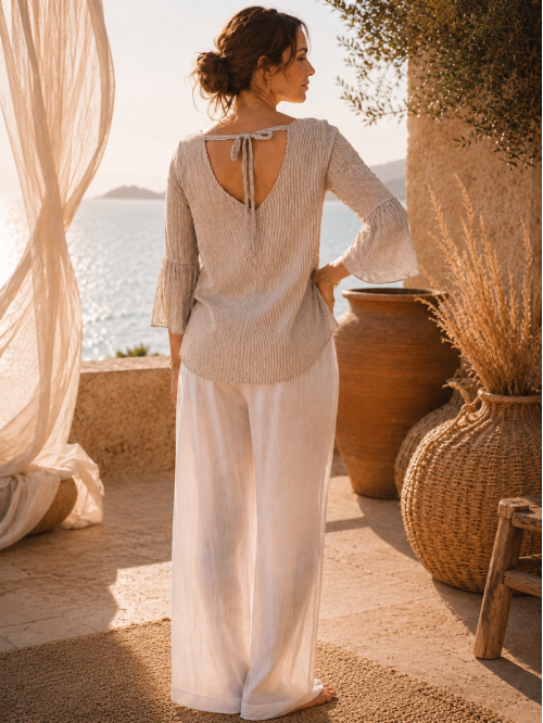 BLOUSE RAYÉE 100 % COTON VOLANTÉE - MARRON