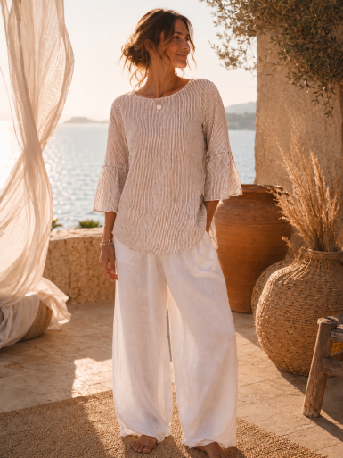 BLOUSE RAYÉE 100 % COTON VOLANTÉE - MARRON