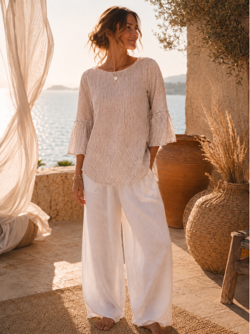 BLOUSE RAYÉE 100 % COTON VOLANTÉE - MARRON