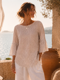 BLOUSE RAYÉE 100 % COTON VOLANTÉE - MARRON